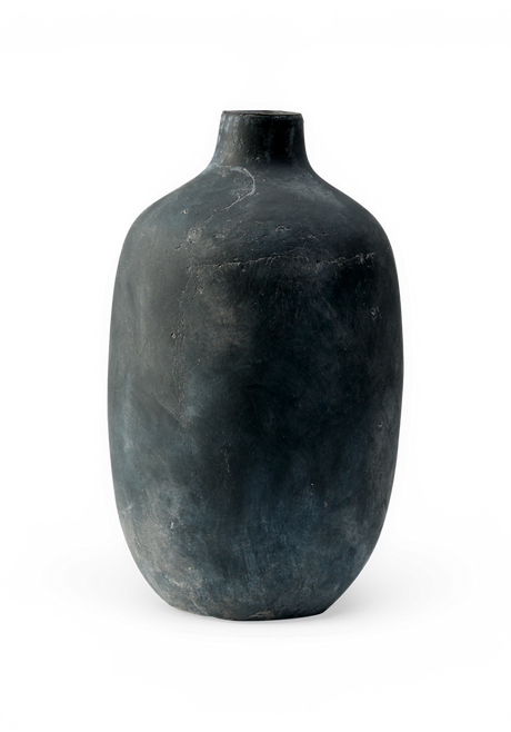 Mørkegrå rund keramisk vase med lille hals.