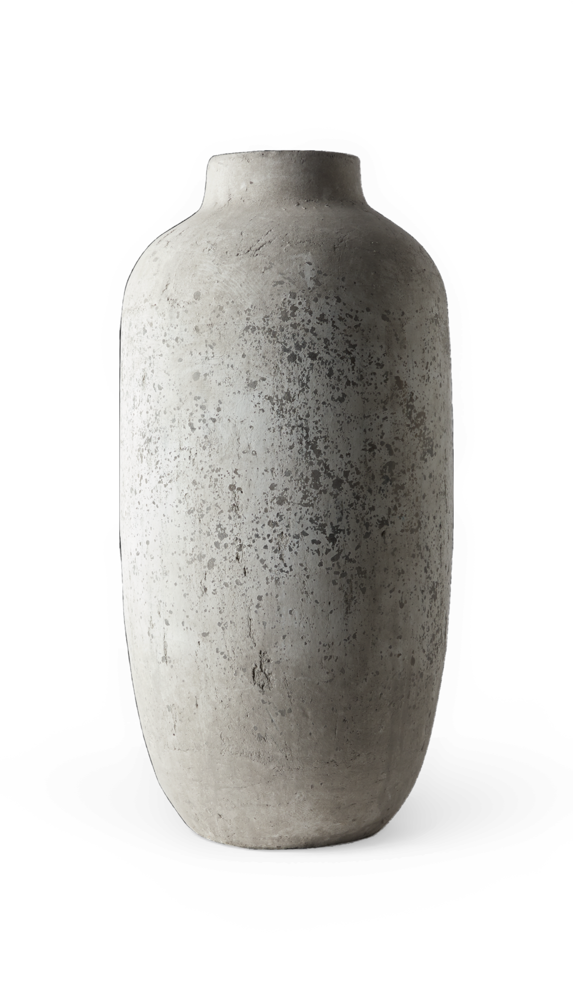 Stor cylindrisk vase i grå beton med patineret overflade.