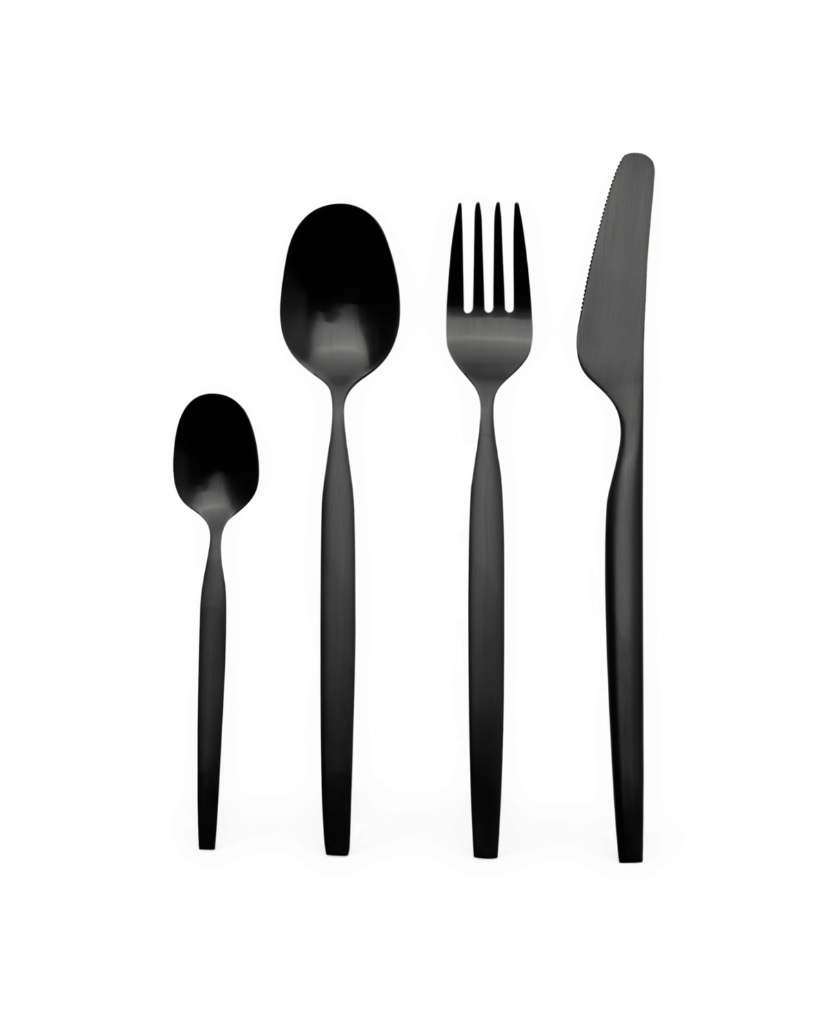 Fire bestikdele i mat sort: teske, spiseske, gaffel og kniv, arrangeret på række.