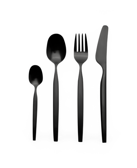 Fire bestikdele i mat sort: teske, spiseske, gaffel og kniv, arrangeret på række.