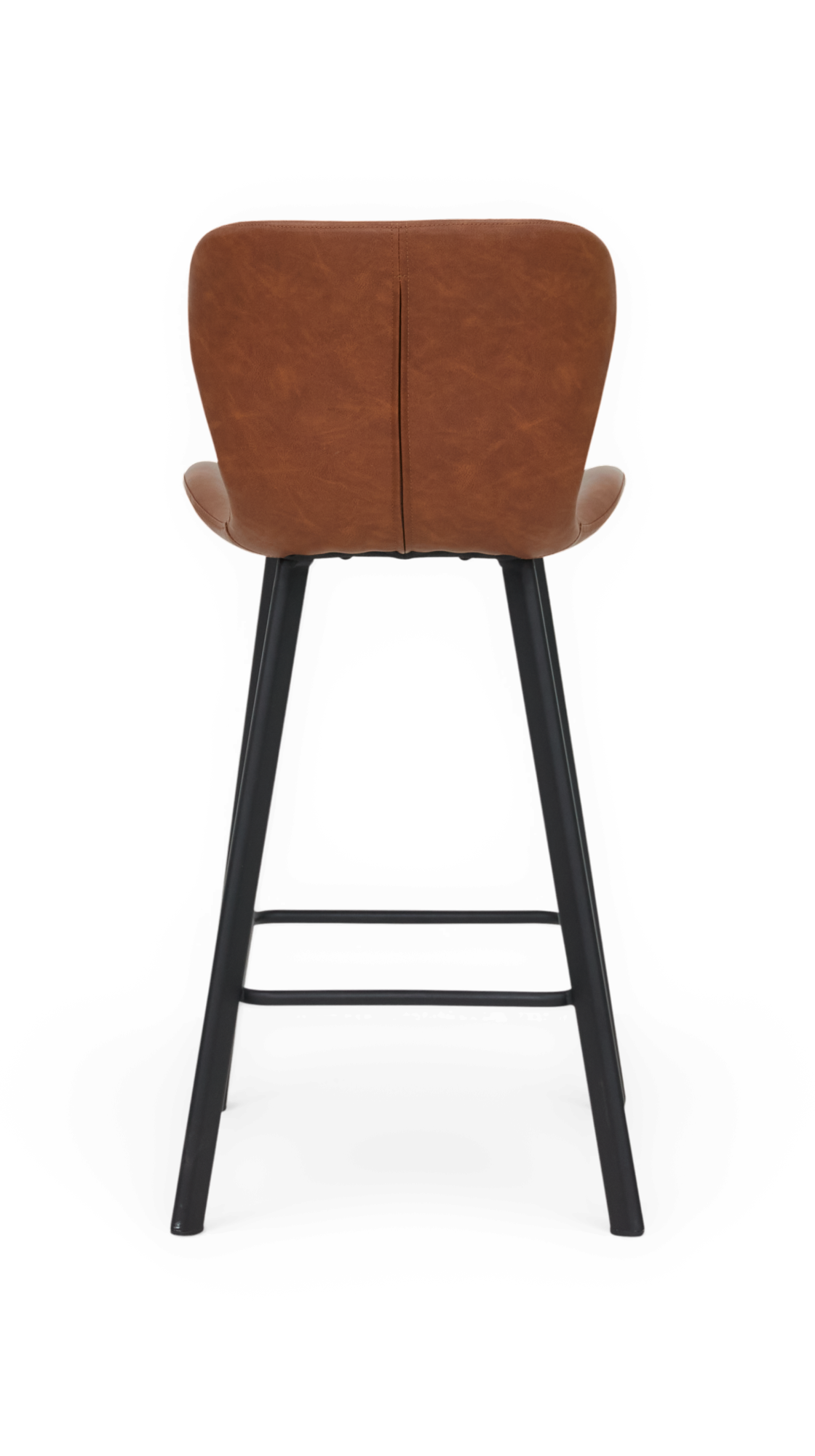 Barstol med brun læderlook-sæde og sorte metalben, set bagfra.