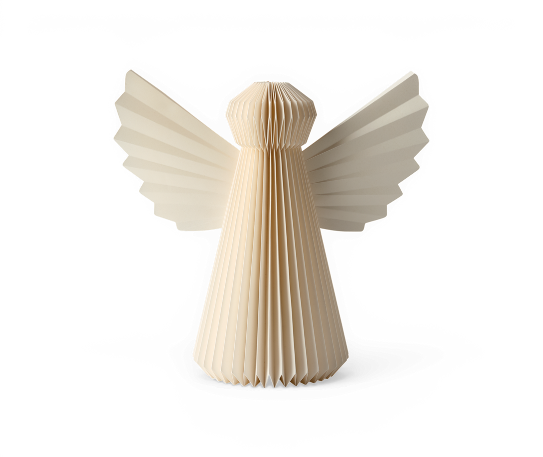 Beige papirengel med plisseret design og udbredte vinger.