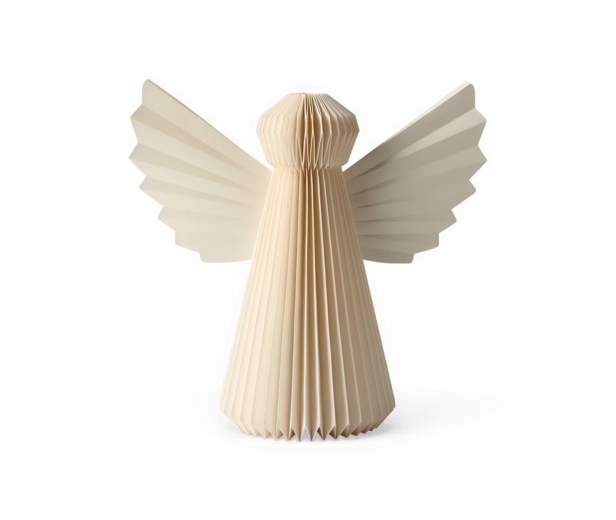 Beige papirengel med plisseret design og udbredte vinger.