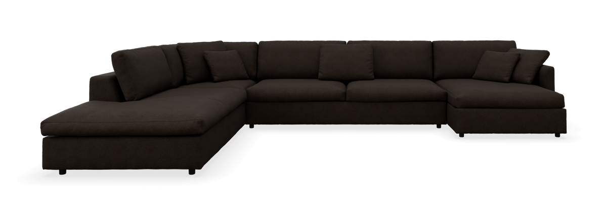 Mørkebrun U-formet modulsofa med chaiselong i begge ender, fritstående mod hvid baggrund.
