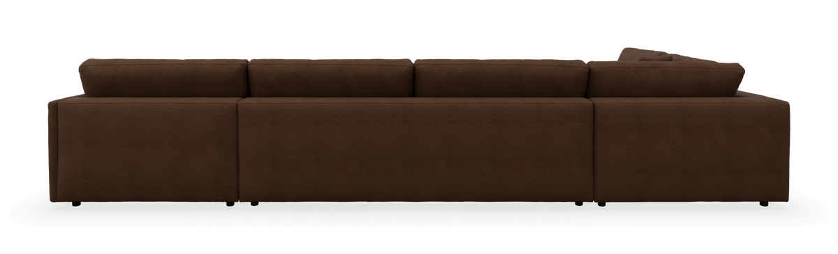 Brun modulsofa med højrevendt chaiselong set bagfra, frilagt.