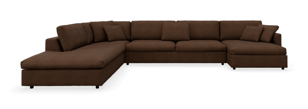 Stor brun U-formet modulsofa med chaiselong i begge sider, frilagt frontvisning.