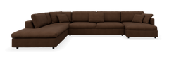 Stor brun U-formet modulsofa med chaiselong i begge sider, frilagt frontvisning.