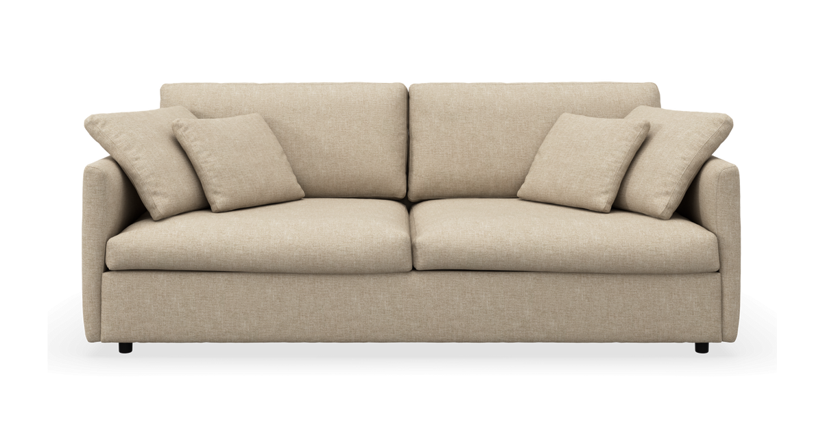 Beige 2-personers stofsofa med fire puder, set forfra.