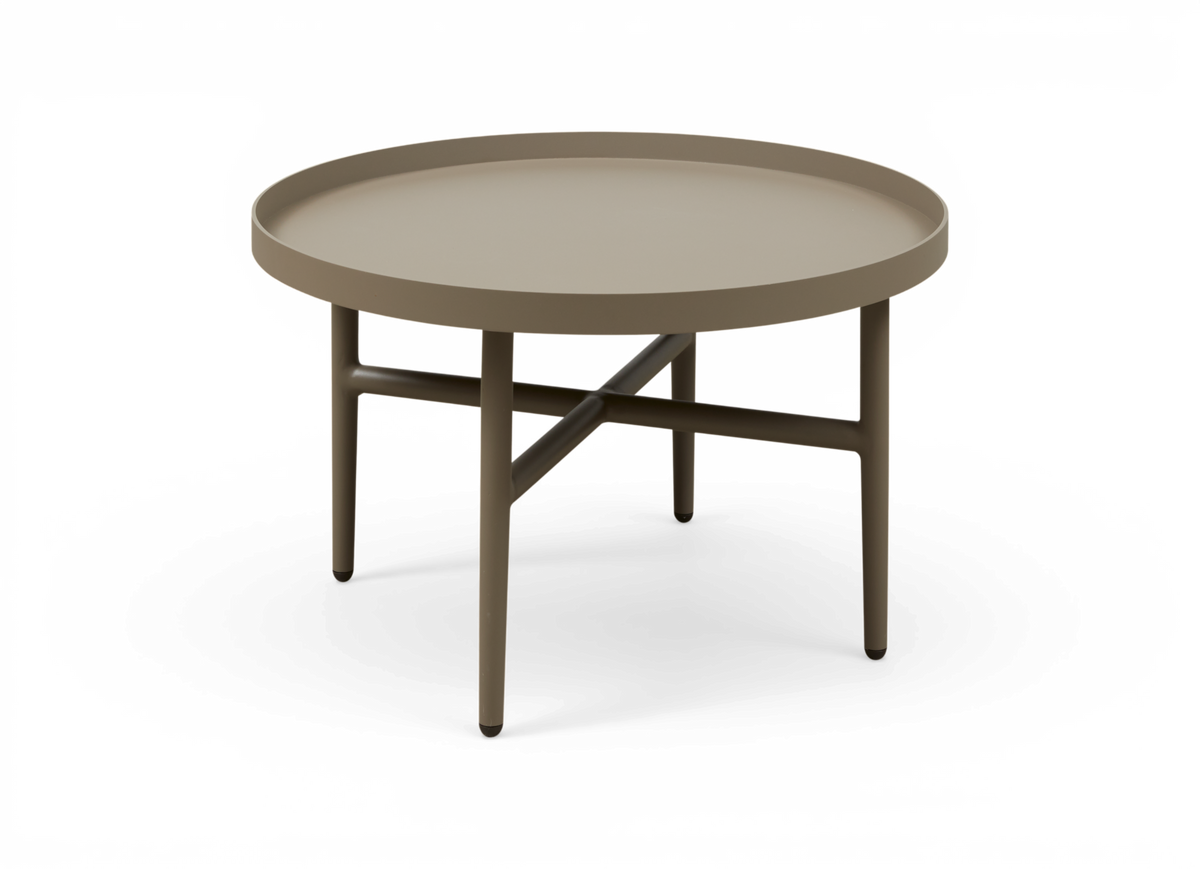 Rundt beige sofabord i metal med forhøjet kant, tre ben og krydsstag; produkt frilagt på hvid baggrund.