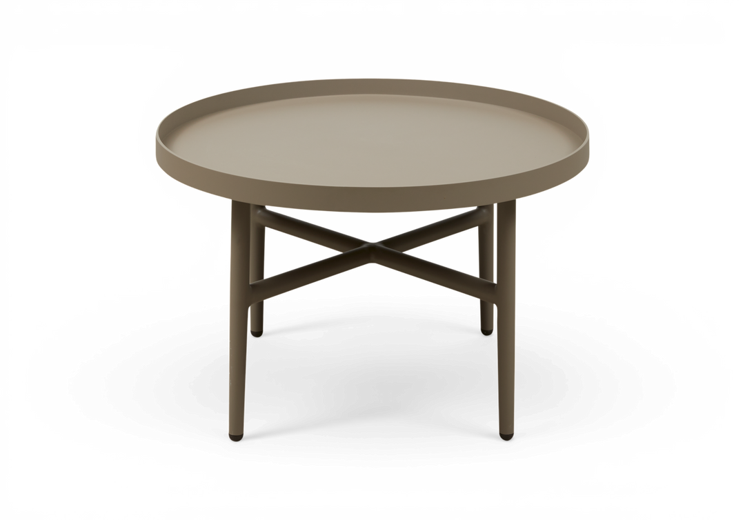 Rundt sidebord i taupe med forhøjet bakke-kant og metal-krydsstag.