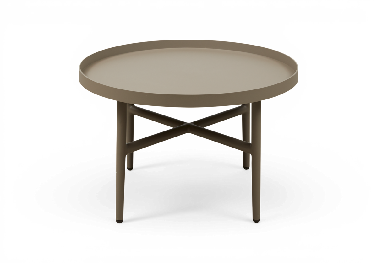 Rundt sidebord i taupe med forhøjet bakke-kant og metal-krydsstag.