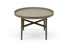 Rundt sidebord i taupe med forhøjet bakke-kant og metal-krydsstag.