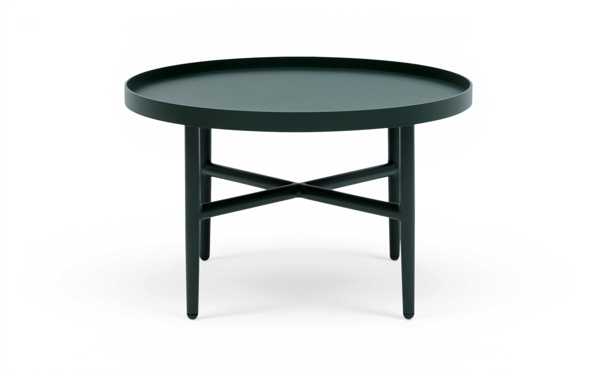 Mørkegrønt rundt sidebord i metal med forhøjet kant og krydsben, fritlagt på hvid baggrund.