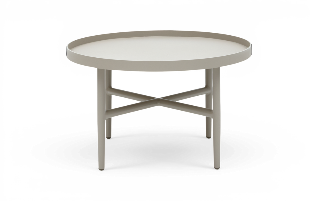Rundt sidebord med lav bakke-kant, neutral beige/grå top og krydsformet afstivning mellem fire metalben.