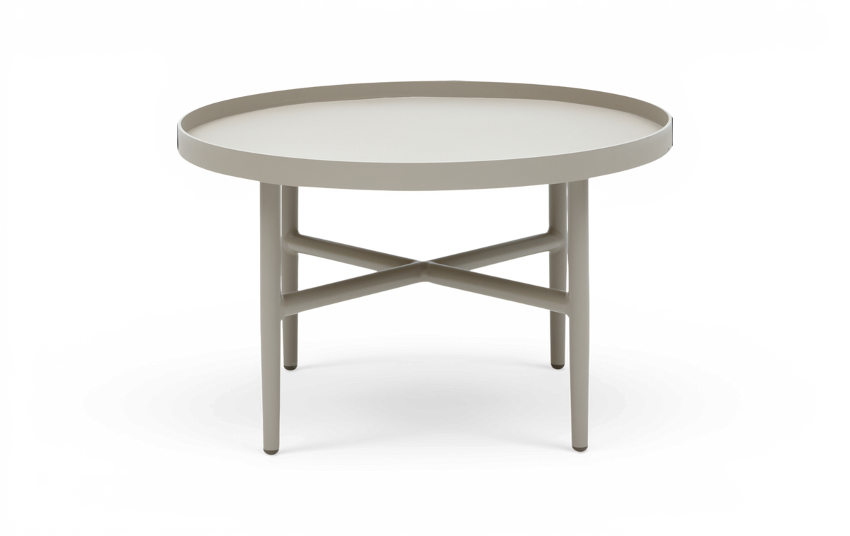 Rundt sidebord med lav bakke-kant, neutral beige/grå top og krydsformet afstivning mellem fire metalben.