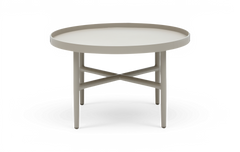 Rundt sidebord med lav bakke-kant, neutral beige/grå top og krydsformet afstivning mellem fire metalben.