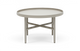 Rundt sidebord med lav bakke-kant, neutral beige/grå top og krydsformet afstivning mellem fire metalben.