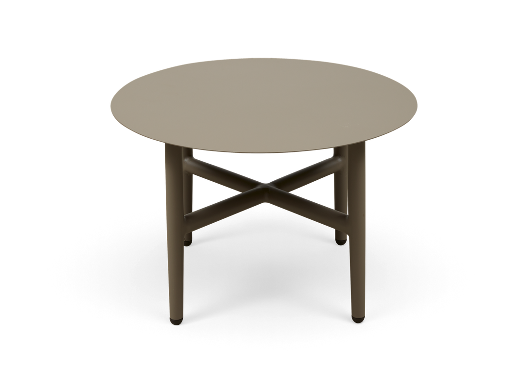 Rundt beige sidebord med krydsforstærkede rørben, fritlagt produktbillede.