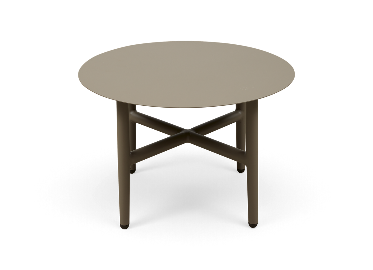Rundt beige sidebord med krydsforstærkede rørben, fritlagt produktbillede.