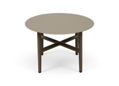 Rundt beige sidebord med krydsforstærkede rørben, fritlagt produktbillede.