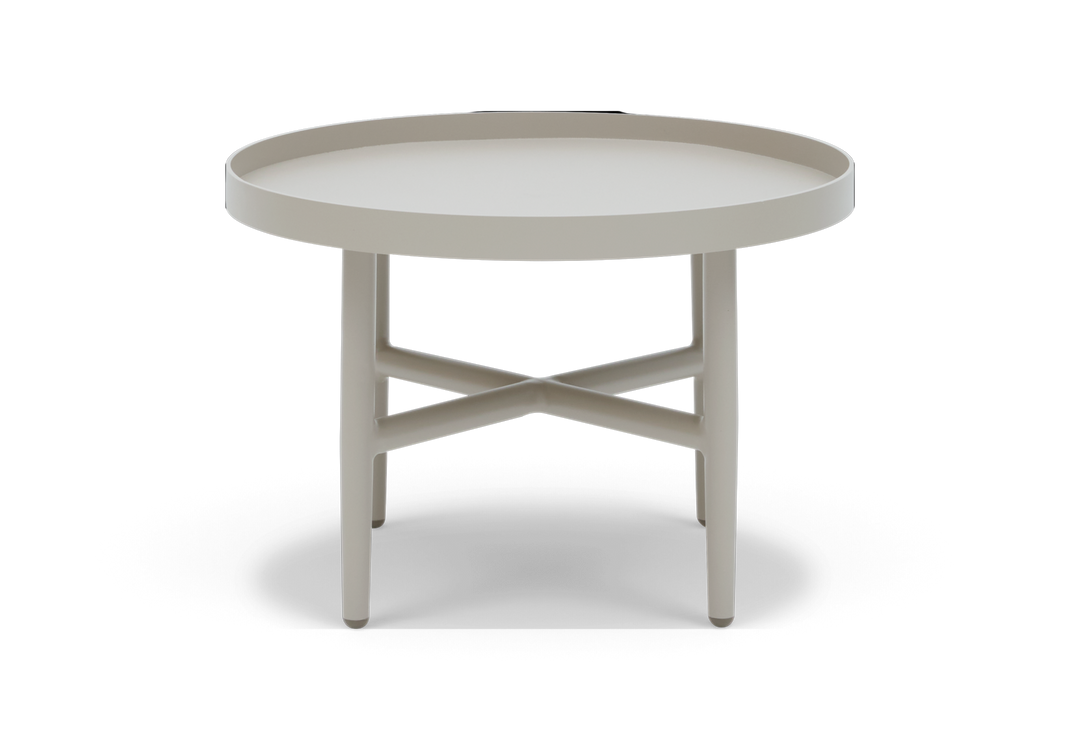 Rundt beige sidebord med optrukket bakke-kant og krydsafstivning mellem fire ben, fritlagt på hvid baggrund.