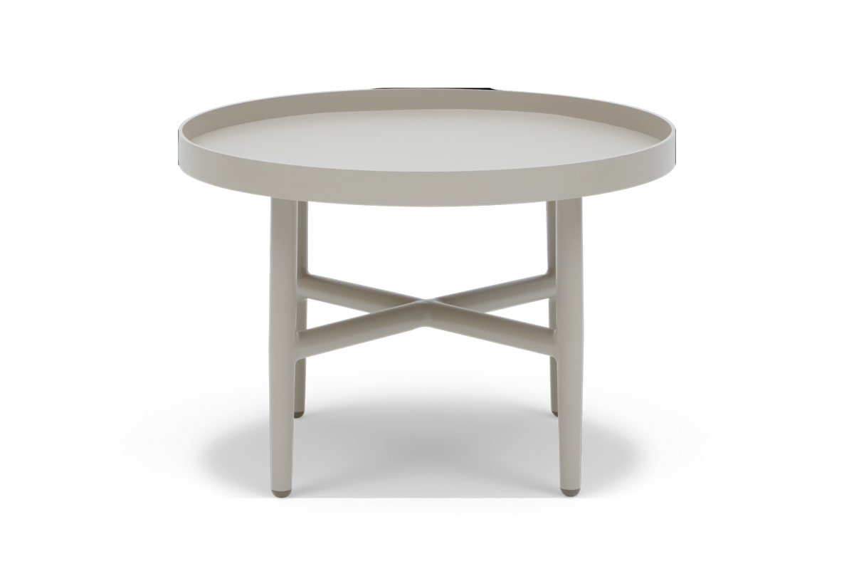 Rundt beige sidebord med optrukket bakke-kant og krydsafstivning mellem fire ben, fritlagt på hvid baggrund.