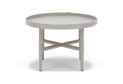 Rundt beige sidebord med optrukket bakke-kant og krydsafstivning mellem fire ben, fritlagt på hvid baggrund.