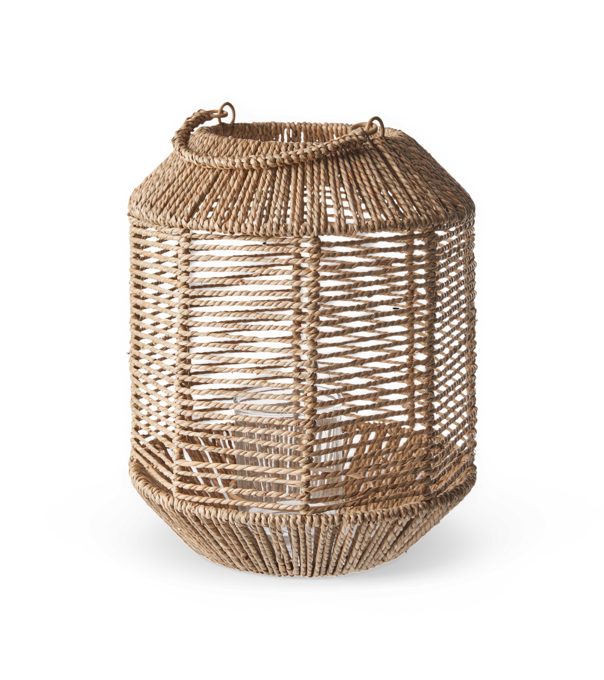 Flettet rattanlanterne i naturfarve med glasindsats til lys og bærehank.