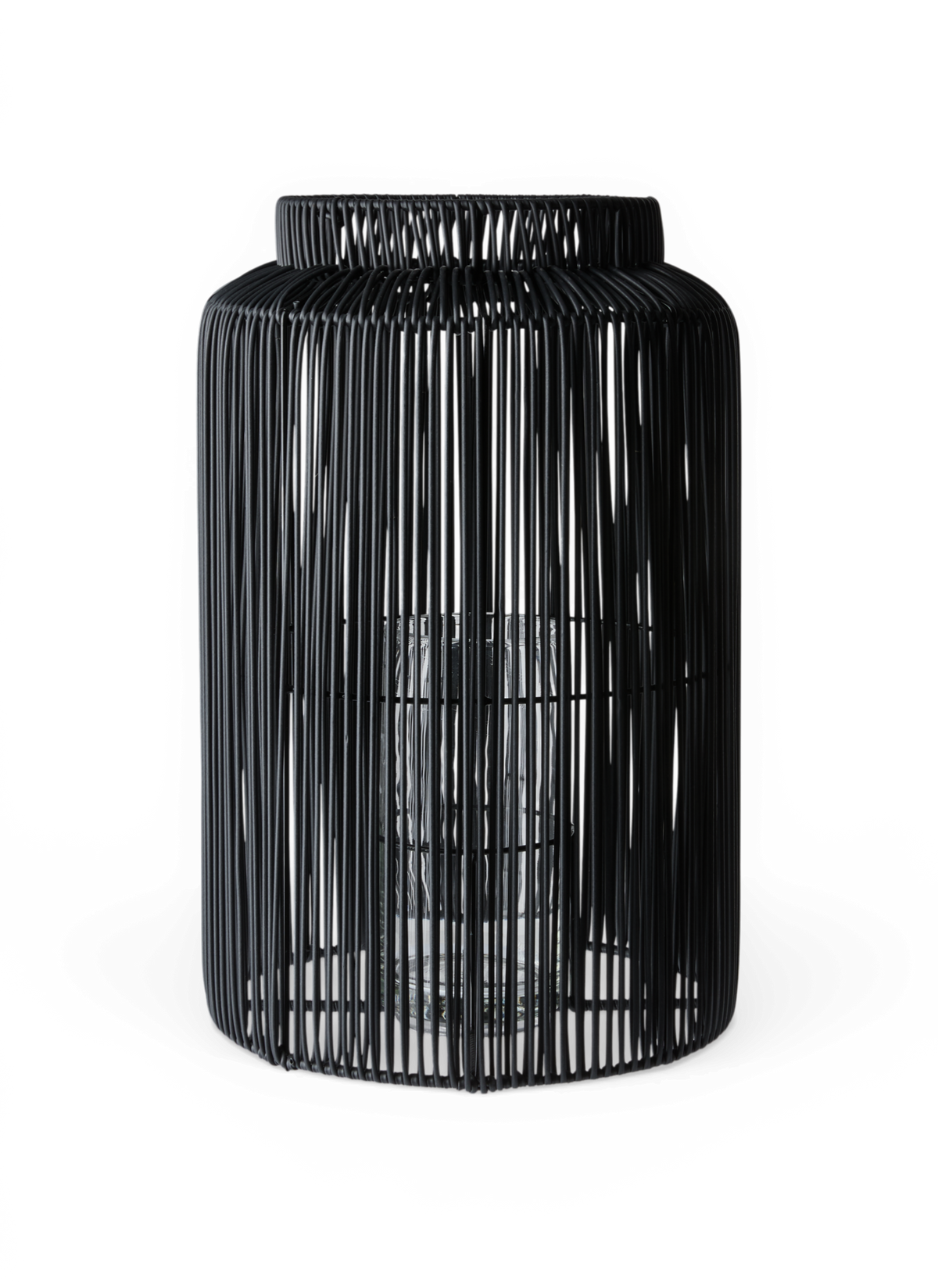 Sort trådlampe/lanterne i cylindrisk form med glasindsats.