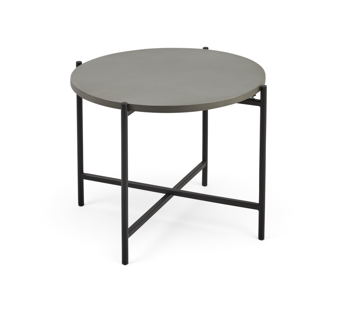 Rundt sidebord i grå med slank sort metalramme, frilagt produktfoto på hvid baggrund.