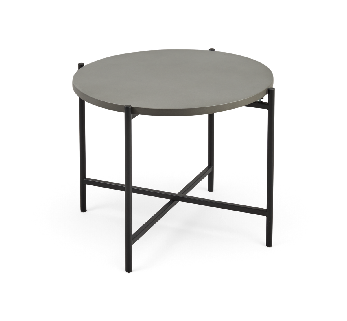 Rundt sidebord i grå med slank sort metalramme, frilagt produktfoto på hvid baggrund.