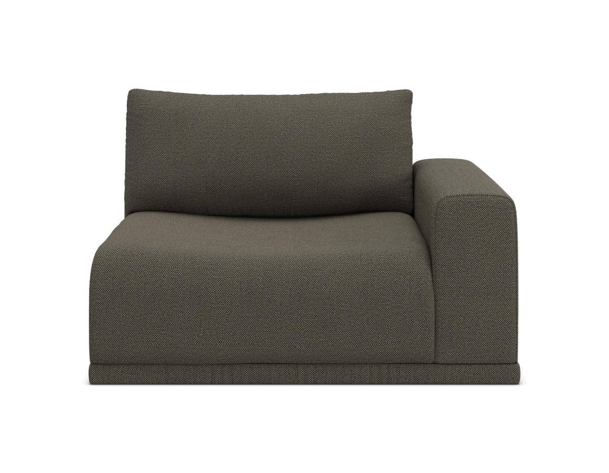 Højresidet modulsofa i taupe stof, frontvisning på transparent baggrund.