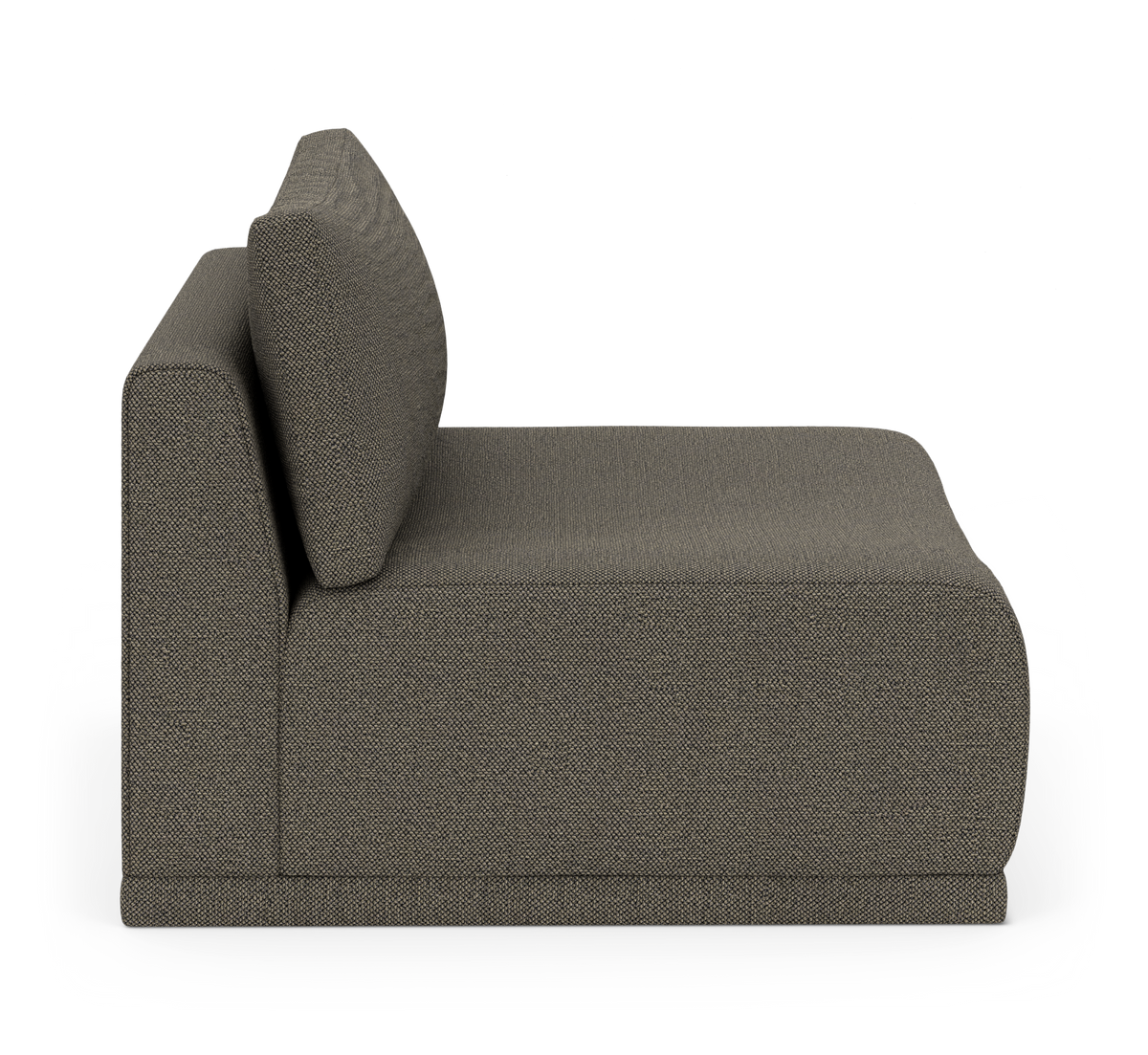 Sideview af en modulsofa med venstre armlæn og ryghynde i gråmeleret stof, fritlagt på hvid baggrund.