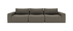 Mørkegrå tredelt modulsofa med brede armlæn, set lige forfra mod hvid studiebaggrund.