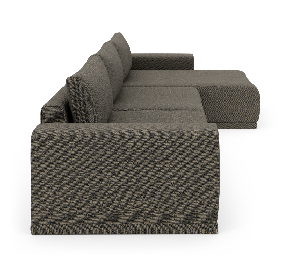 Modulsofa i mørkegrå/brun stof med chaiselong til højre, set fra siden.