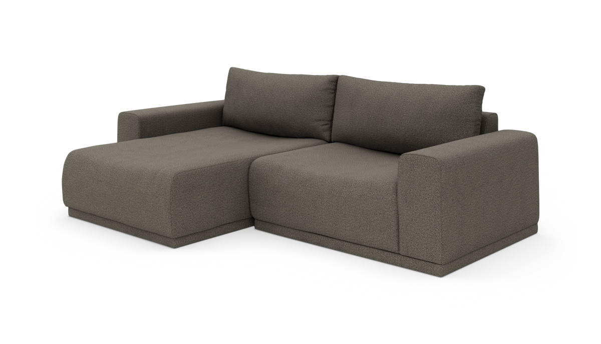 L‑formet 2‑personers sofa med venstrevendt chaiselong i mørkegråt stof, isoleret på hvid baggrund.