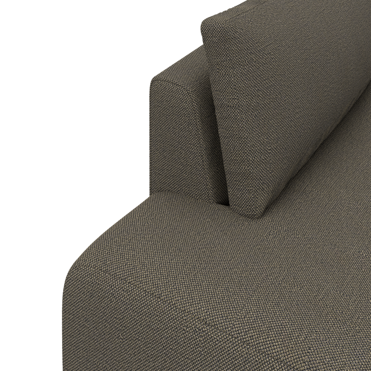 Nærbillede af hjørnet på en moderne sofa i grå‑beige tekstil med kileformet ryghynde.