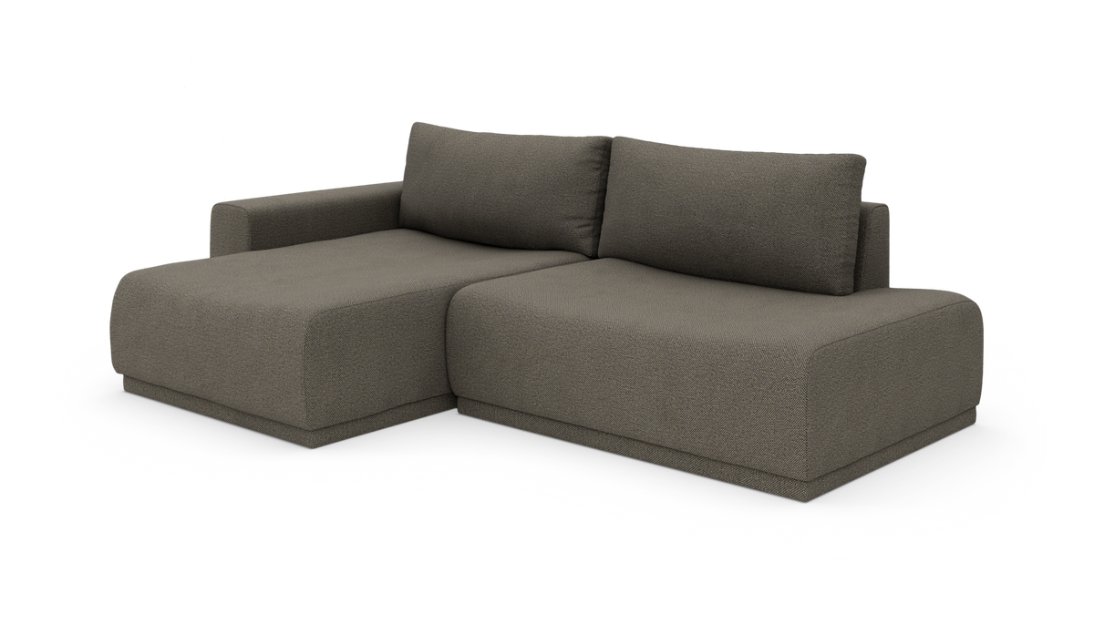 Modulsofa med venstrevendt chaiselong i gråmeleret tekstil med bløde, afrundede former.