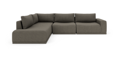 Modulsofa i L‑form i mørkegråt tekstil med brede armlæn og løse ryghynder.