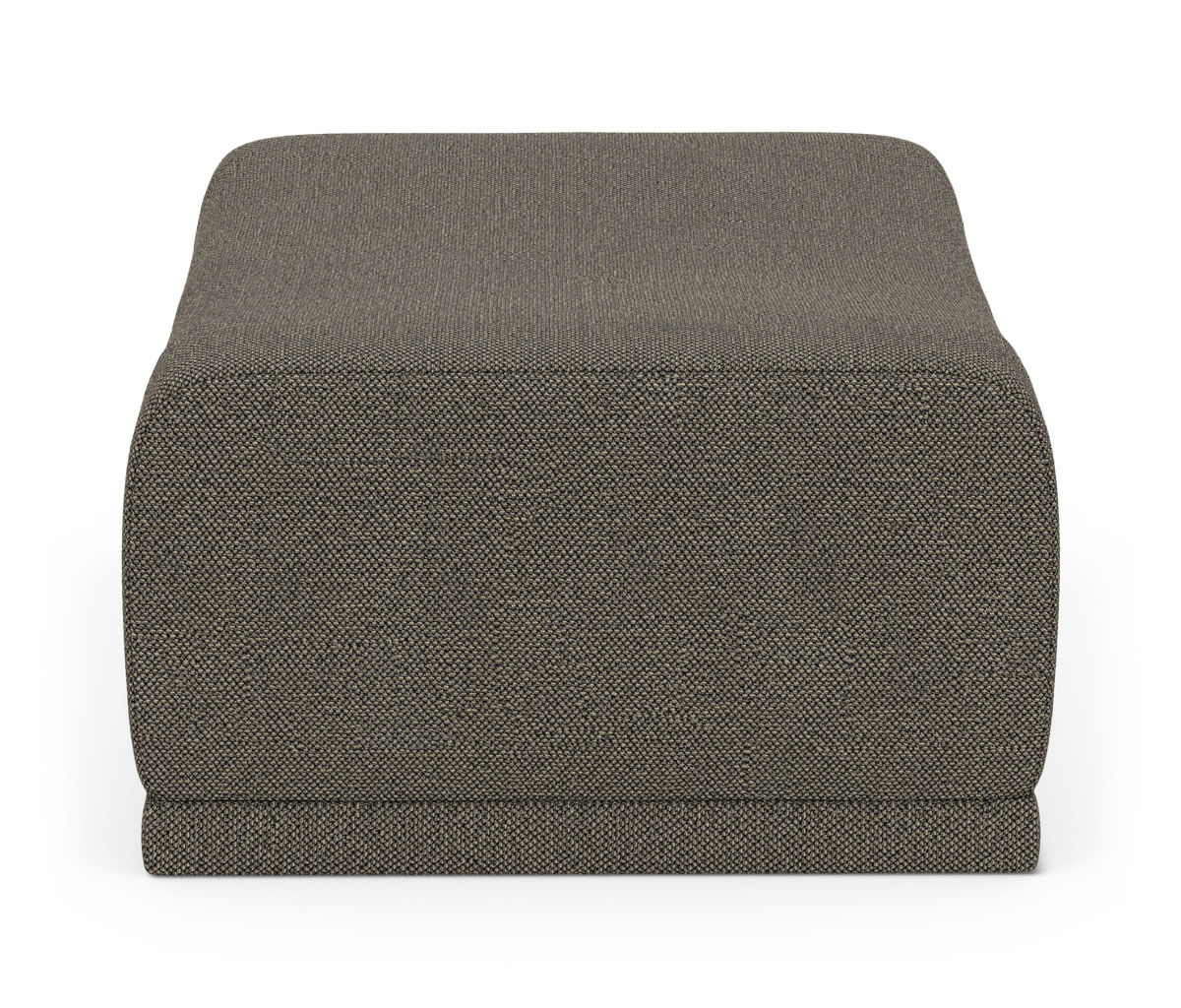Rektangulær puf i grå‑beige tekstil med bløde, afrundede kanter, set forfra mod hvid baggrund.