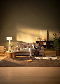 En forælder sidder i en beige sofa med en baby i en varmt oplyst stue; babytøj og tilbehør ligger spredt på et brunt tæppe, med gulvlampe, blomster i vase, tændte lys og en stor grøn plante i baggrunden.