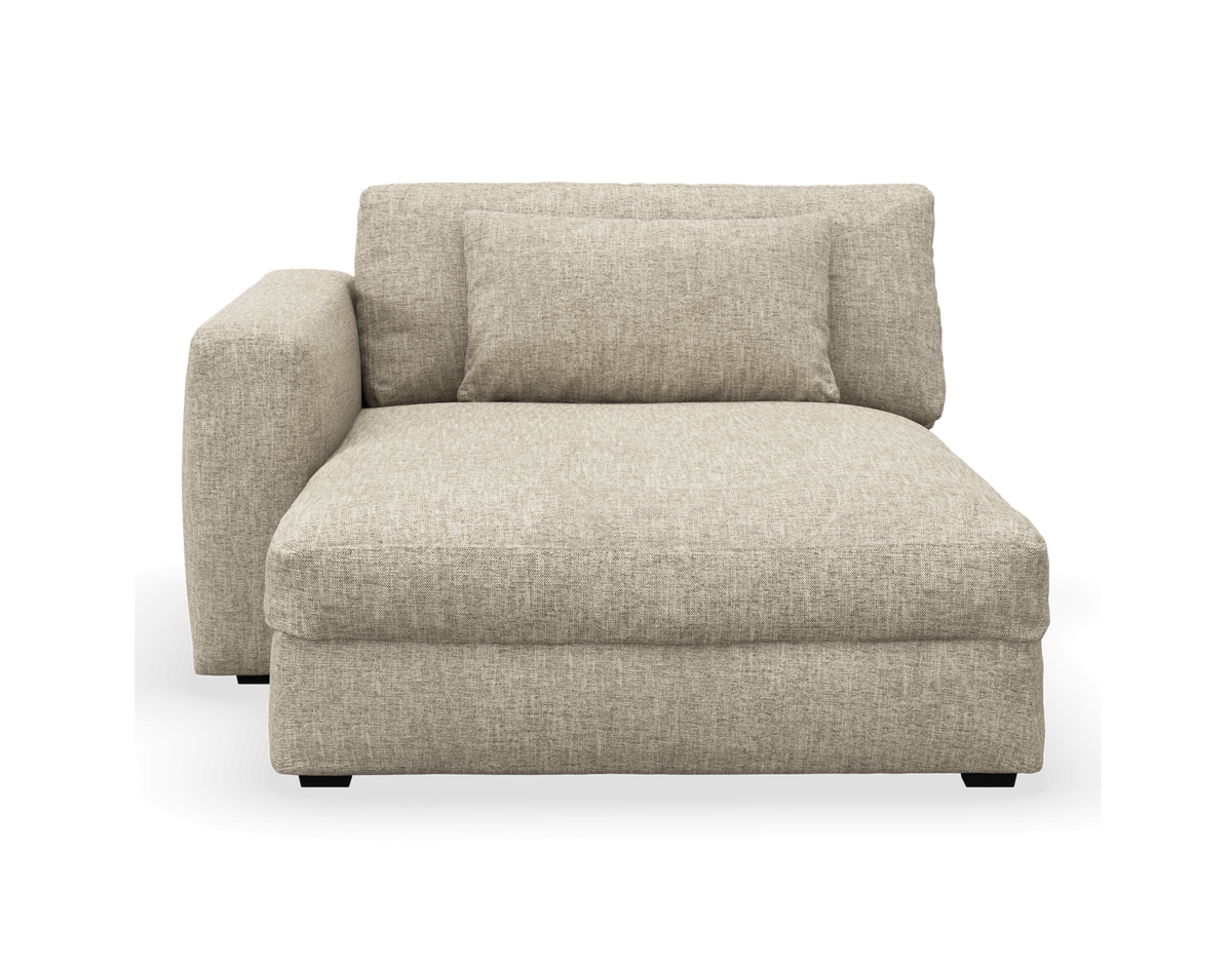 Beige venstrevendt chaiselong-modul med ryghynde, set forfra.