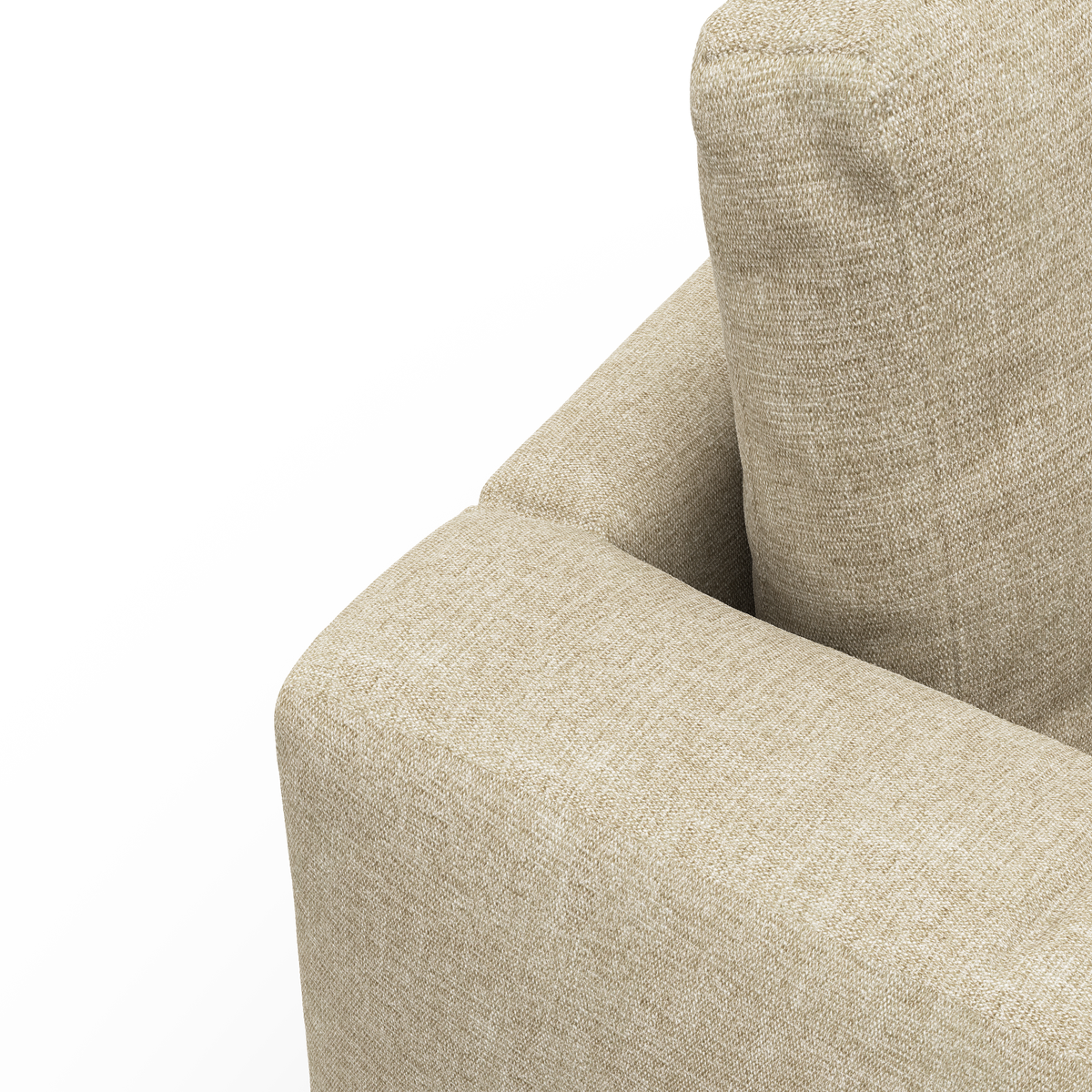 Nærbillede af beige sofa-hjørne med armlæn og ryghynde i tekstil.