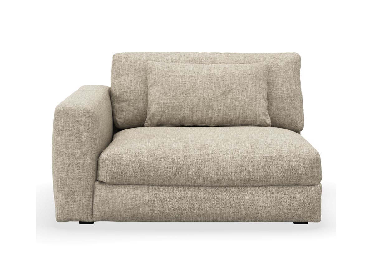 Beige modulsofa-element med venstre armlæn og lændepude, frontvisning.