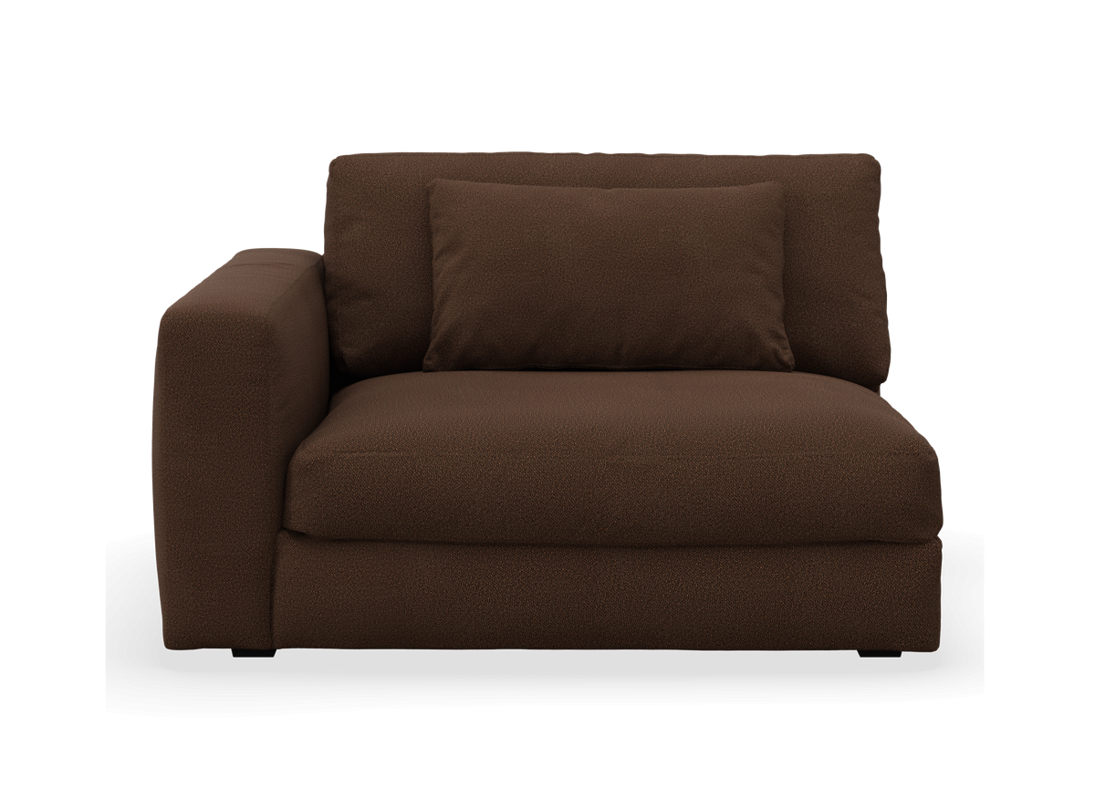Brun venstre-armlæn sofa-modul med stor sædepude og rygpude, frilagt studiebillede forfra.