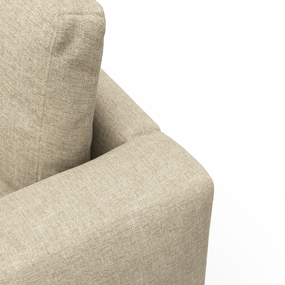 Nærbillede af beige stofsofas armlæn og ryghynde mod hvid baggrund.