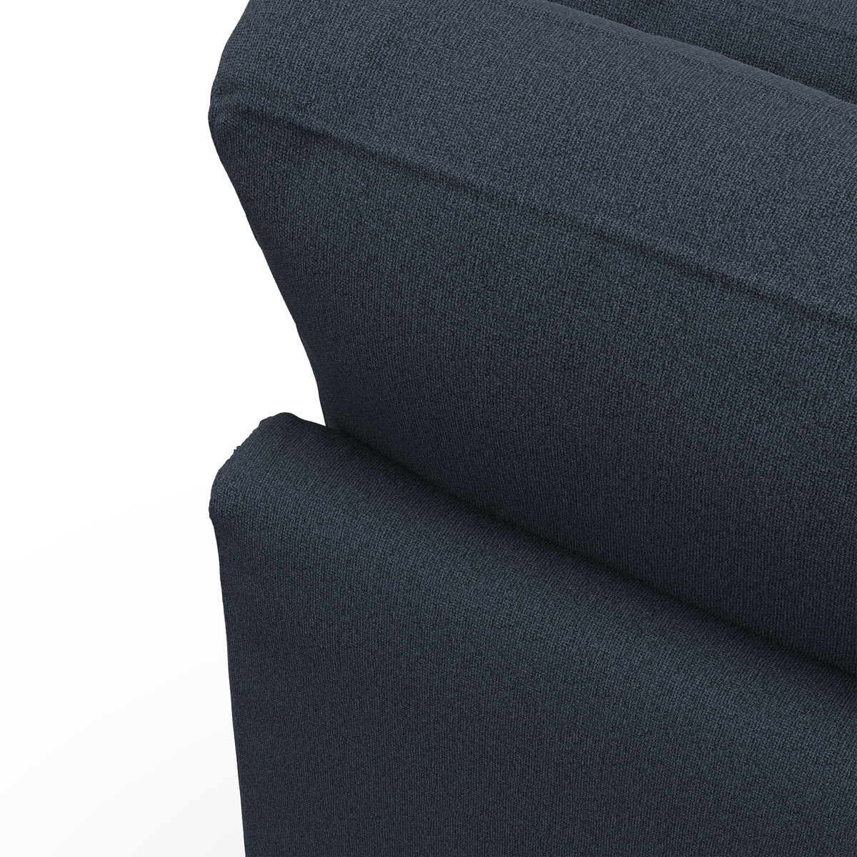 Nærbillede af mørkeblå sofa-arm og ryghynde mod hvid baggrund.