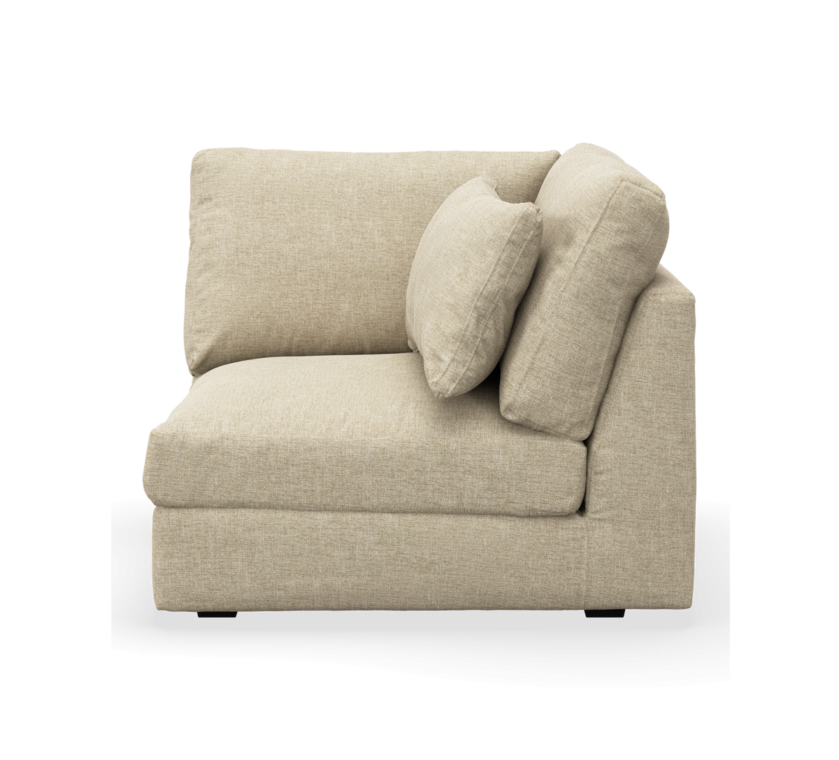 Beige stofpolstret sofa-hjørnemodul med højre armlæn og to puder, frilagt på hvid baggrund.