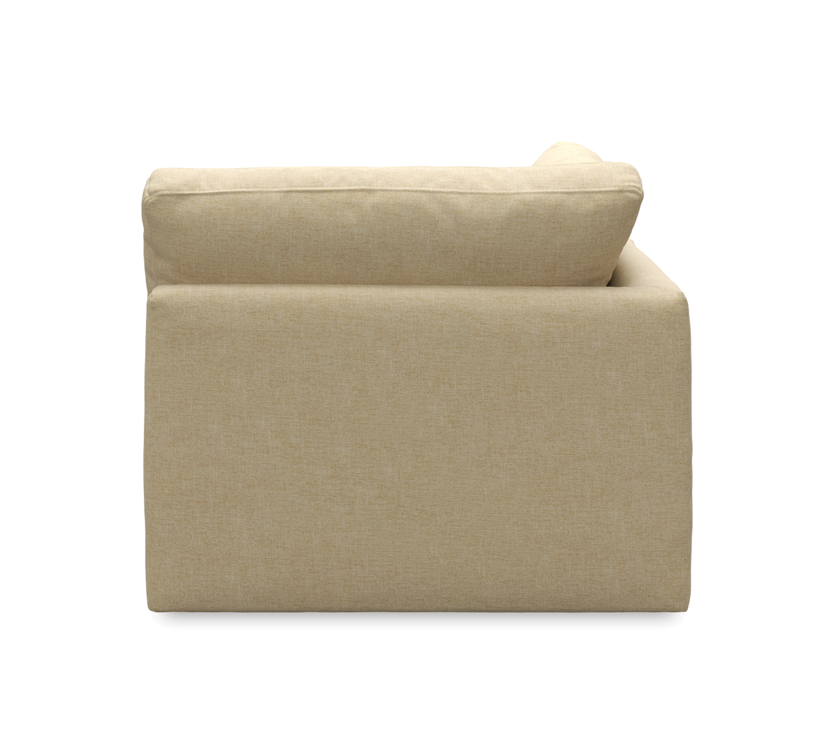 Sidevisning af beige polstret sofa-modul på hvid baggrund.