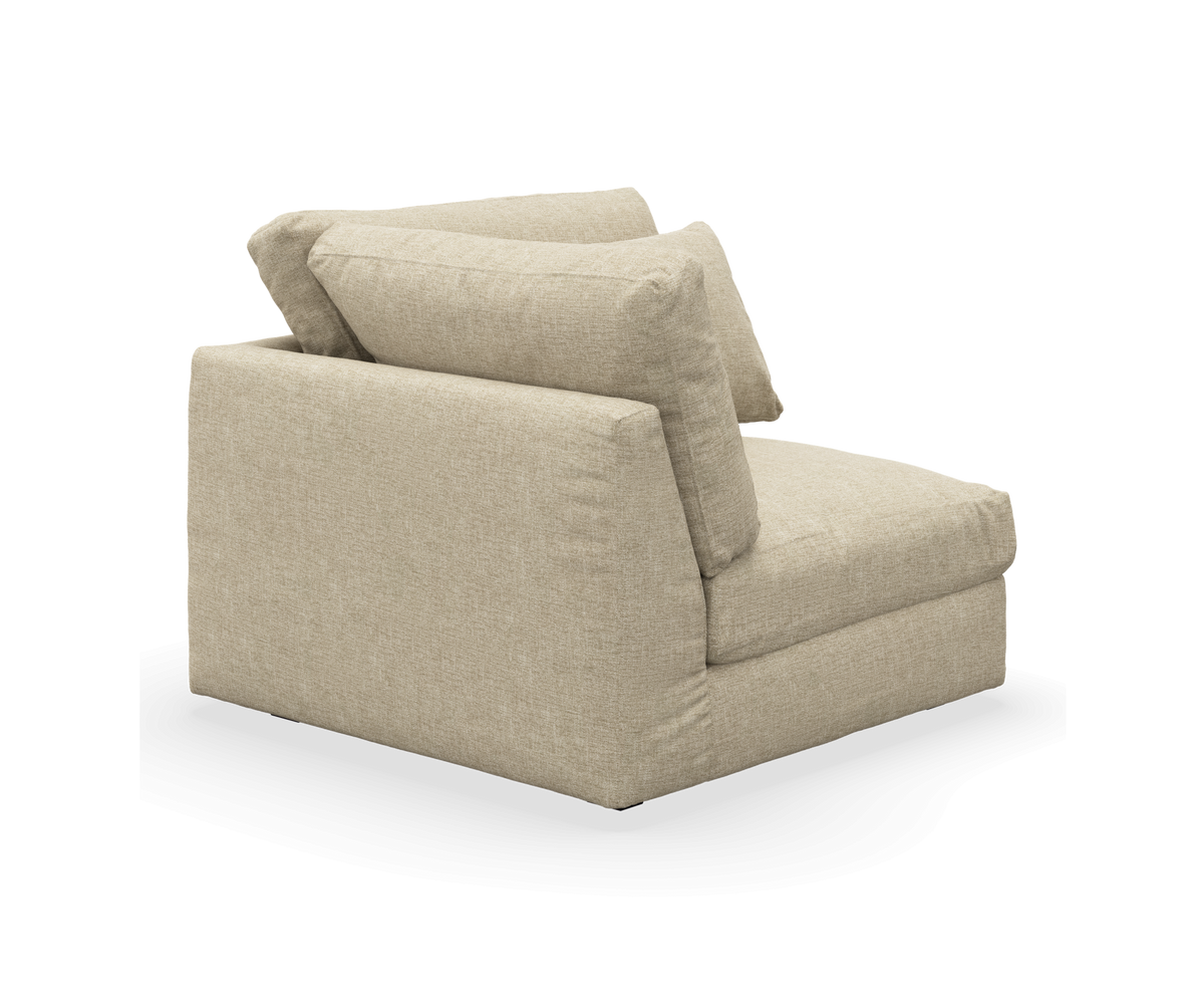 Beige modulsofa uden armlæn med to ryghynder, vist i bagvinklet perspektiv.